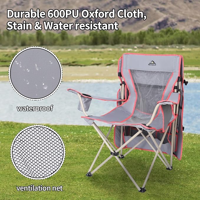Camping Chair with Full Sun Protection Canopy - Outdoor Folding Chair with Adjustable Shade, Cup Holder, Side Pockets - Heavy Duty Beach Chair with Canopy Shade Support 330 lbs (Gray)