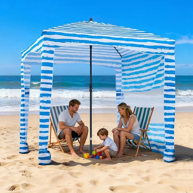 VEVOR Beach Cabana, 6 x 6 ft Beach Canopy with Side Wall, UPF 50+ Protection Easy Setup Cabana Tent with Sand Pockets, Portable Shade Sun Shelter Umbrella for Whole Family & Friends, Blue Stripes