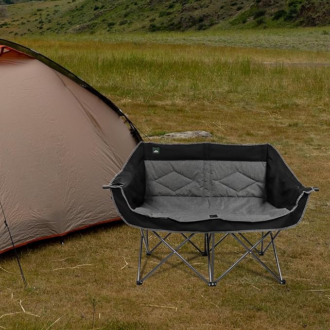 Northroad Folding Loveseat Camping Chair Portable Double Duo Full Padded Garden Chair for 2 Person Sofa w/ 2 Cup Holder,Wine Glass Holder,Mesh Storage,Support 500lbs for Picnic Beach Travel