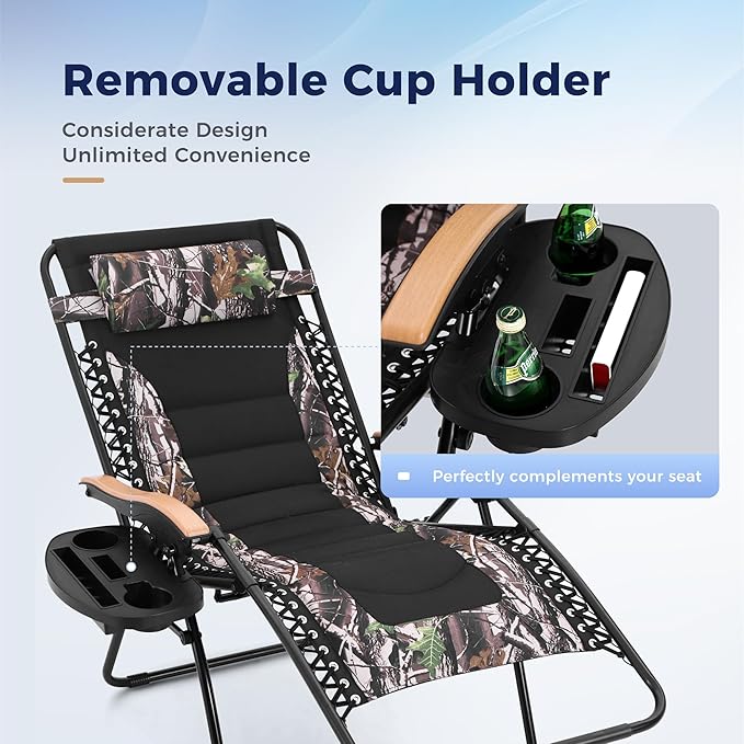 MAISON ARTS Oversized XXL Padded Zero Gravity Lawn Chairs Set of 2 Foldable Recliners Anti Gravity Lounge Chairs 30" Wide Seat Outdoor Camp Chairs for Poolside Yard,Support 400lbs, Camouflage