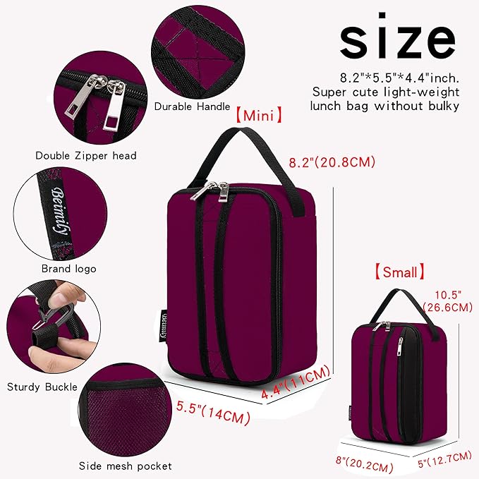 BEIMILY Lunch Box for Men Women Adults,Mini Insulated Lunch Bag for Office Work Picnic,Reusable Portable Lunchbox,Soft Cooler Tote Bag,6 can cooler bag,Mini,Dark Red