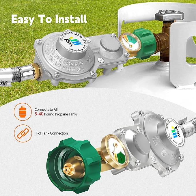 GasSaf 5FT 2 Stage Propane Regulator with Hose, Dual-Stage Propane Regulator with Gauge Suitable for RV, Generator, Camp Stove, Gas Grill, and Heater - CSA Certified