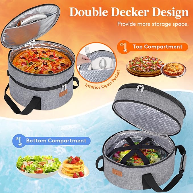 Lifewit Insulated Double Decker Round Casserole Carrier, Portable Pie Carrier Bag for Hot or Cold Food, Fits 12.5" Baking Dish, Thermal Lunch Tote for Potluck Parties, Picnic and Cookouts, Grey