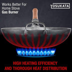 YOSUKATA 14” Round Bottom Carbon Steel Woks and Stir Fry Pans – Unseasoned Pow Wok for Stir Fry, BBQ & Camping – Hand-Hammered Traditional Japanese and Chinese Pan – Gas Stove, Open Fire Only