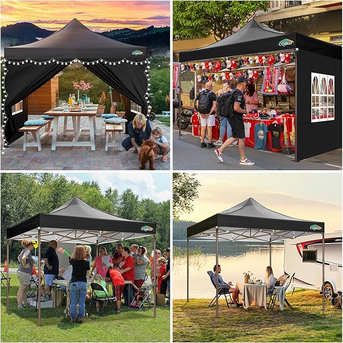 COBIZI 10x10 Pop Up Canopy Tent Heavy Duty with 4 Sidewalls, Commercial Easy Up Instant Canopy Outdoor for Events Party Wedding, All Weather Waterproof UV 50+ with Carry Bag (Leg Upgraded), Black