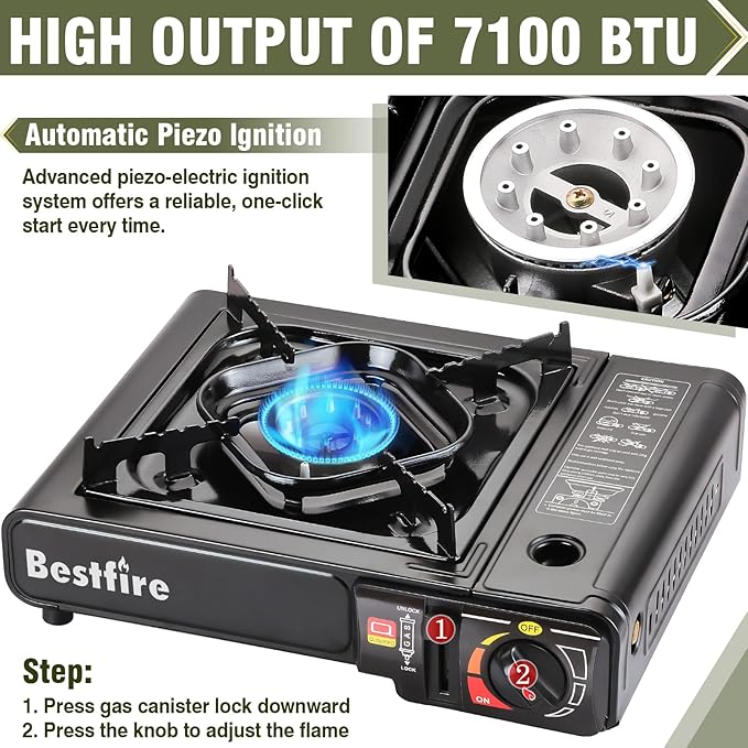 BESTFIRE Portable Dual Fuel Camping Stove – Reliable Butane & Propane Gas Stove with Carrying Case & Adapter – Single Burner for Outdoor Cooking, Tailgating & Emergency