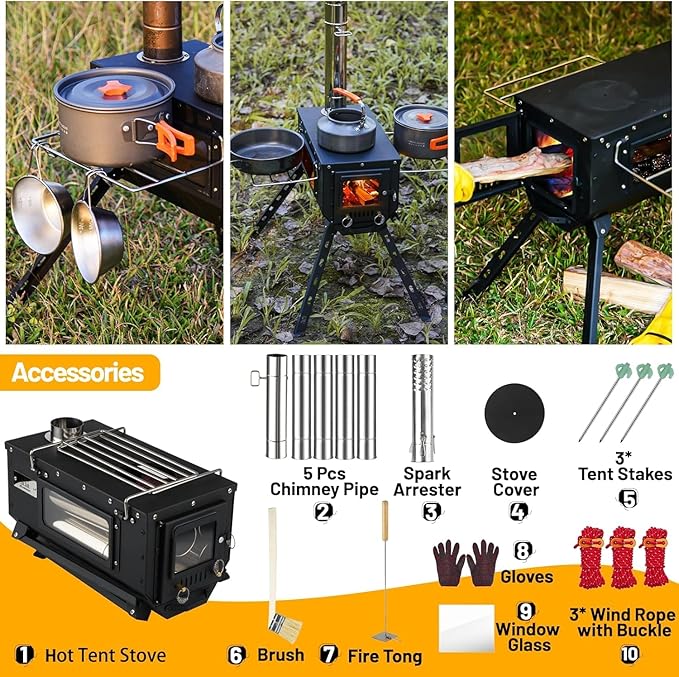 Tent Stove AVOFOREST Wood Stove with Tall Feet,Portable Hot Tent Stove with 6 Stainless Chimney Pipes for Outdoor & Cooking, Ice Fishing, Hunting