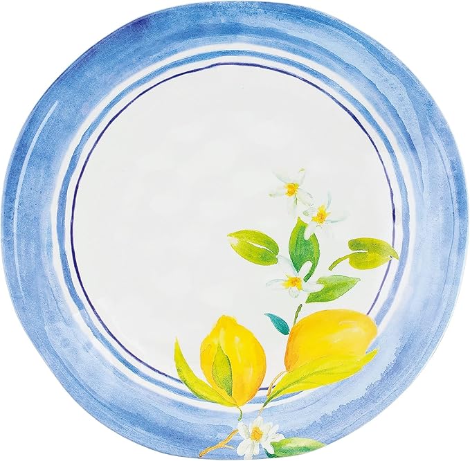 UPware 12 Piece Lovely Lemons Melamine Dinnerware Sets, Outdoor Dishes Set, Plates and Bowls Sets, Service for 4, Blue, Yellow