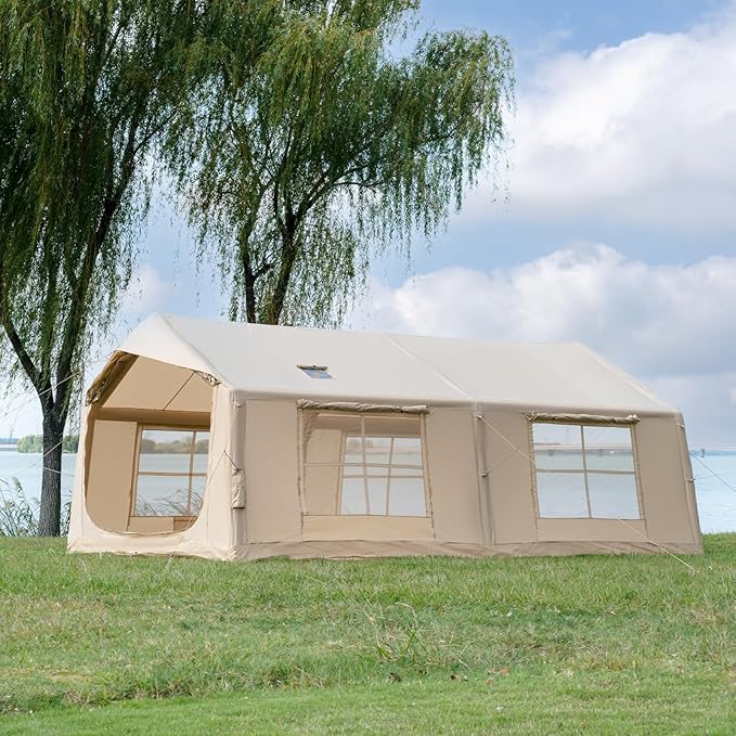 Oxford Inflatable Tent for Camping with Hand Pump, 4 Season Glamping Tents with Stove Jack for 8-12 Person, Waterproof Outdoor Party Camping Festival