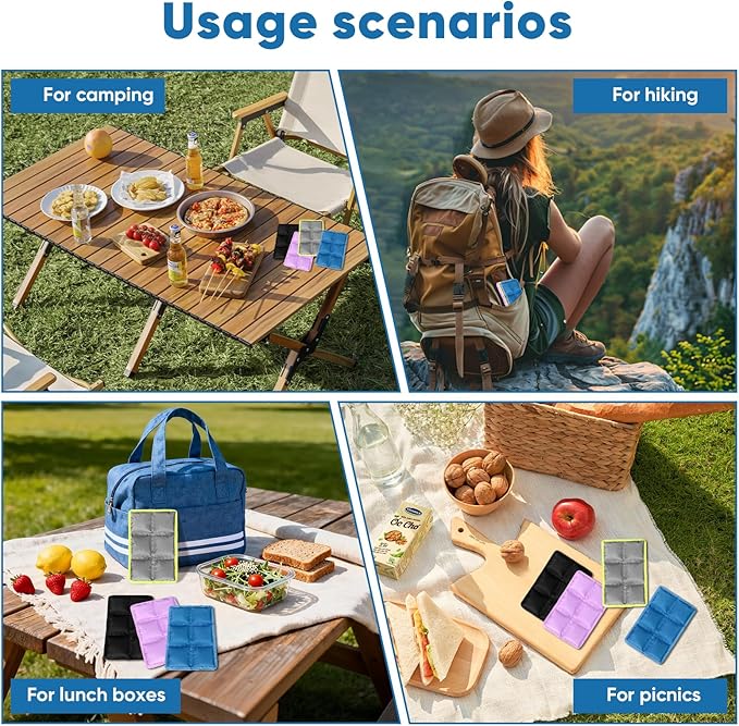 4pcs Ice Packs for Lunch Boxes & Coolers -Slim Reusable Space Saving Cooler Ice Packs,Water Absorption (6”x4”x0.7”) - Multi-Colored, Non-Toxic Cooler for Picnic,Sports & Camping