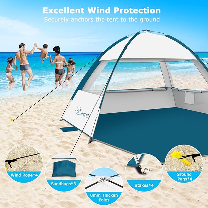 COMMOUDS Beach Tent Sun Shade for 3/4/6/8 Person, UPF 50+ Beach Sun Shelter Canopy Tent, Lightweight, Easy Set Up and Carry