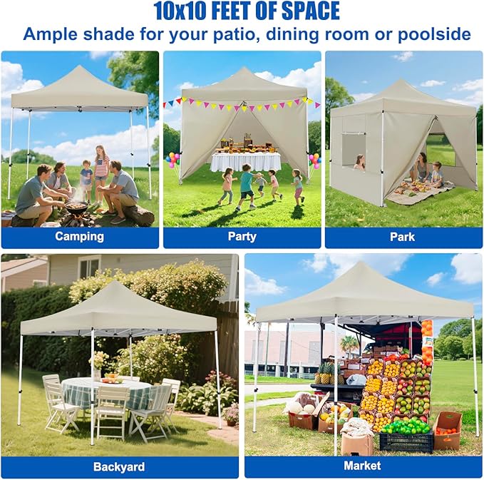 Yesker 10x10 Pop Up Canopy Tent with 4 Sidewalls Portable Folding Outdoor Canopy Easy Setup Gazebo Waterproof Instant Shelter Tent w Wheel Carry Bag sandbag for Events Parties Camping, Khaki Brown
