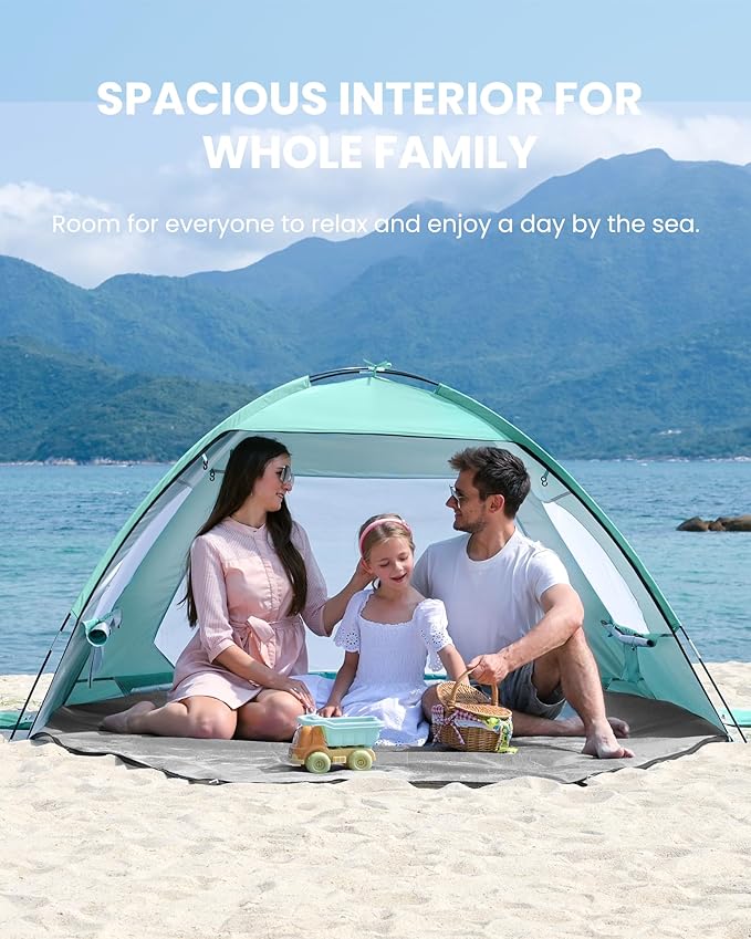 OutdoorMaster Beach Tent for 3/4/6/8 Person - Easy Setup Sun Shade Shelter, Portable Beach Shade Sun Canopy with UPF 50+ UV Protection, Removable Skylight Family Size