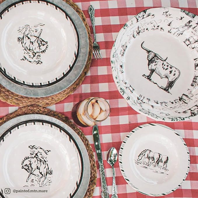 Paseo Road Ranch Life 14 Piece Melamine Plastic Dinnerware Set with Plates, Bowls and Serving Platter, Black and White, Southwestern Rustic Cabin Lodge Farmhouse Style