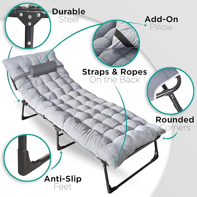 ZONETECH Folding Cot & Pad Mattress 4 Position Adjustable Portable, Premium Quality for Adult and Kids-Perfect for Camping, Travel, Patio, Beach, Indoor & Outdoor Activity (1-Pack)