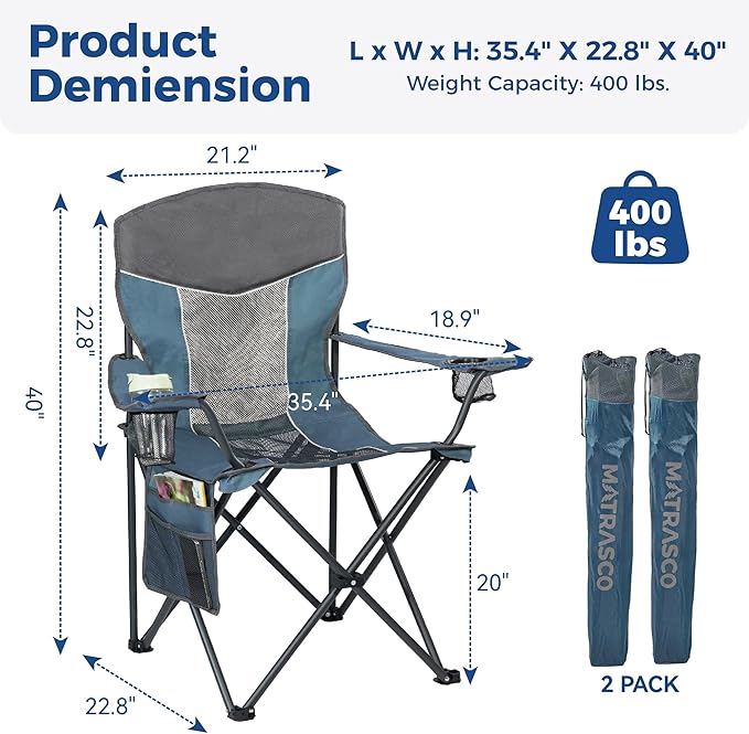 Outdoor Camping Chair 2-Pack with Mesh Back, Folding Portable Lawn Chairs with Cup Holder & Side Storage Pocket for Camping, Beach, Picnic, Fishing(Blue)