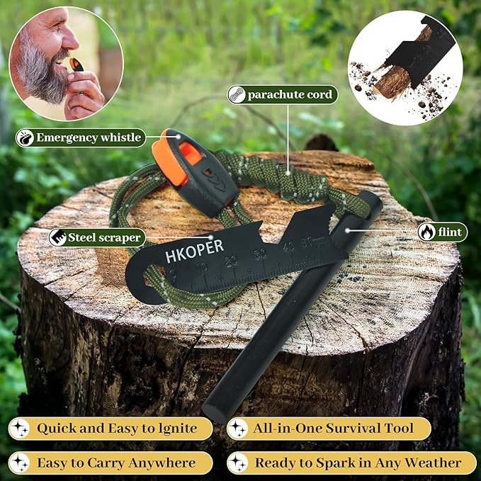 Fire Starter Ferro Rod, 4 Inch Flint and Steel Survival Kit, Flint Fire Starter for Camping and Hiking, 6-in-1 Emergency Survival Fire Steel, Magnesium Fire Starter | Hkoper