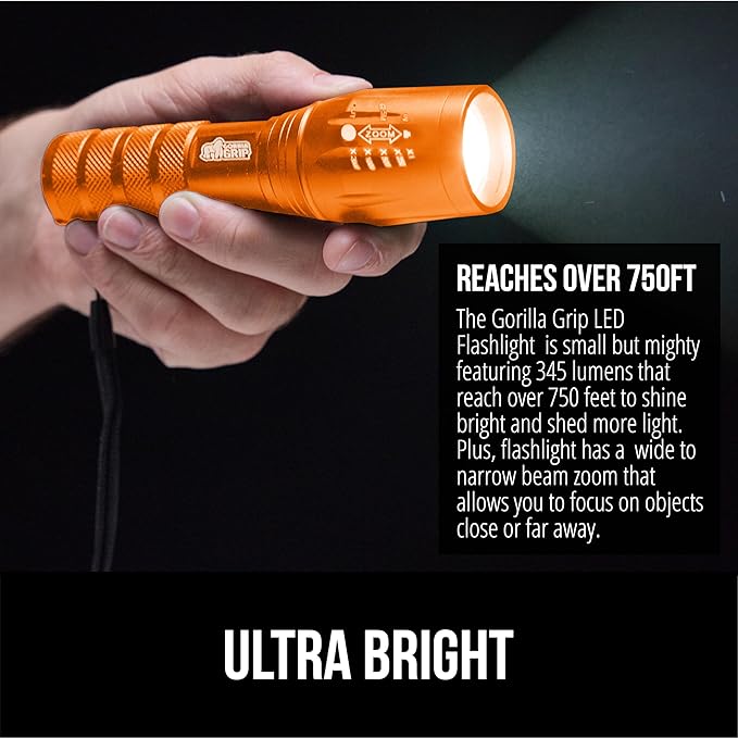 GORILLA GRIP Powerful LED Tactical Flashlight, 750 FT High Lumens 5 Adjustable Modes, Water Resistant, Ultra Bright Zoom Flashlights, Small Mini Flash Light, Camping, Night Dog Walking, 2 Pack Orange