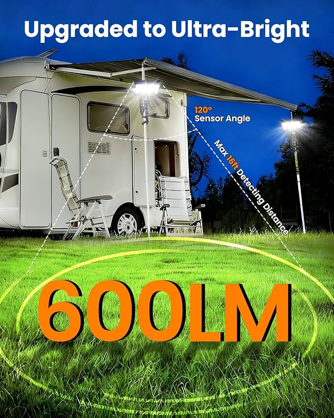 LUHLEE Solar Motion Lights Outdoor, 600LM RV Outdoor Lights with Flexible Tripod,USB & Solar Dual Charging, Motion Sensor RV Exterior Llight for Camper, Motorhome, Trailer, Camping Tent (2 Pack)