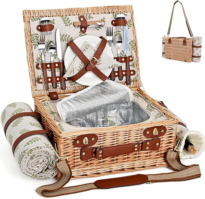 Picnic Basket with Blanket and Wine Pouch for 2, Wicker Picnic Set with Insulated Liner Cooler Bag Hamper for Camping,Wedding - Leaf