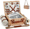 Picnic Basket with Blanket and Wine Pouch for 2, Wicker Picnic Set with Insulated Liner Cooler Bag Hamper for Camping,Wedding - Leaf