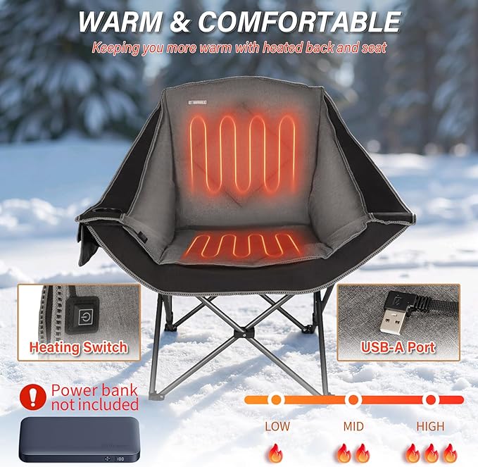 CAMPHILL Heated Camping Chairs,Oversized Padded Heating Lawn Chair with Cup Holder,Wide&Thick,Heavy Duty Folding for Patio,Tailgates,and Sports,Battery NOT Included,Black