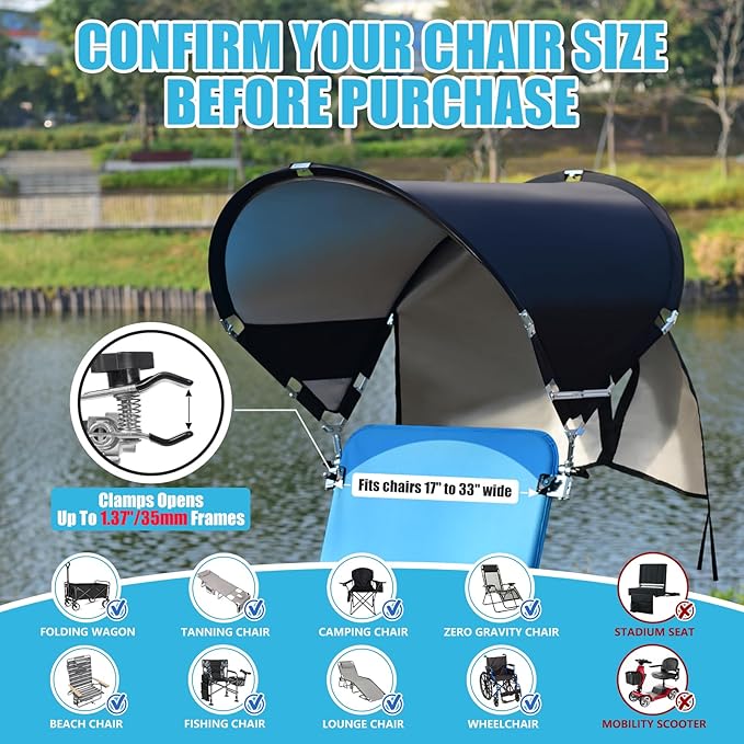 XL Universal Beach Chair Umbrella Canopy, UPF 50+ Chair Sun Shade Attachment with Adjustable Clamp for Camping, Lawn, Wheelchair, Tanning, Zero Gravity, Lounge, Fishing, Outdoor Chairs, Oversized