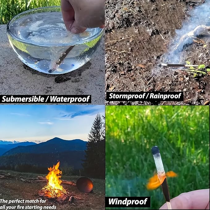 Survival Waterproof Match Kit – 20/40/60/80/100 Fire Starters with Extra Striker, Metal Tin & Waxed Tinder Cords – Stormproof Windproof for Camping & Emergency (4 x Tin Matches + Wax Rope)