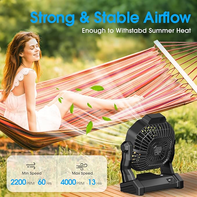 Camping Fan with LED Lantern, 20000 mAh 9 Inch Portable Rechargeable Battery Powered Fan with Stepless Speed and Quiet Battery Operated for Tent, Picnic, Barbecue, Fishing, Travel, Home