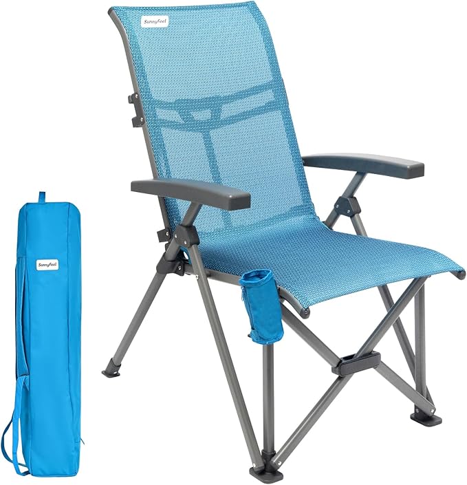 SUNNYFEEL Folding Camping Chair Outdoor Reclining Adjustable 3 Position Heavy Duty Adults 500 LBS Capacity with Hard Armrests & Cup Holder, Blue Ergonomic Chairs for Outdoor, Camp, Beach, Travel, RV