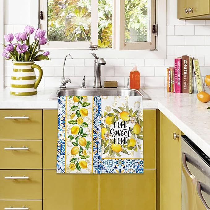 Lemon Kitchen Towels, Lemon Mediterranean Dish Towels Set of 2, Farmhouse Home Sweet Home Kitchen Decor, Summer Yellow Decorative Hand Tea Towels for Housewarming (18x26 Inches)