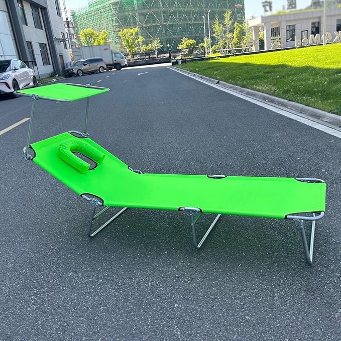 Portable Folding Bed for Adults with Neck Strap Metal Canvas Fold Up Bed with Sunshade Cots for Camping with Handles Load Bearing 160kg for Guest, Travel, Vacation, Camping(Green)