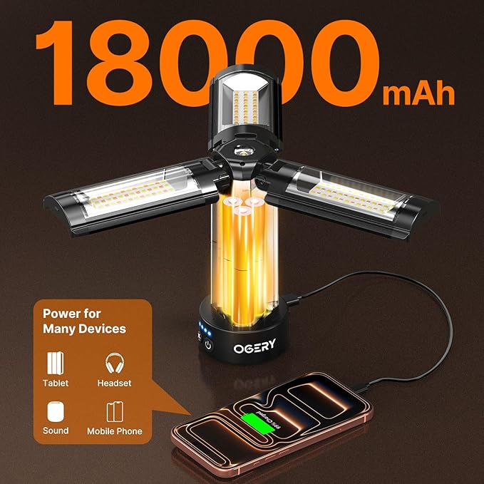 OGERY Camping Lights with Remote, 18000mAh Rechargeable Camping Lantern & LED Work Light, Detachable Tripod Stand up to 6.7 ft, 3 Lamp Heads for Camping Essentials & Emergency, Black