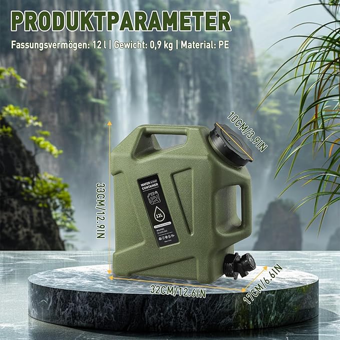 3.2 Gallon Water Jug,12L Portable Water Container with Spigot, Cleaning Brush, Detachable Hose & Extra Lid, Dual Handles Design, BPA-Free Camping Hydration Canteen, Outdoor Tank Storage PE - Green