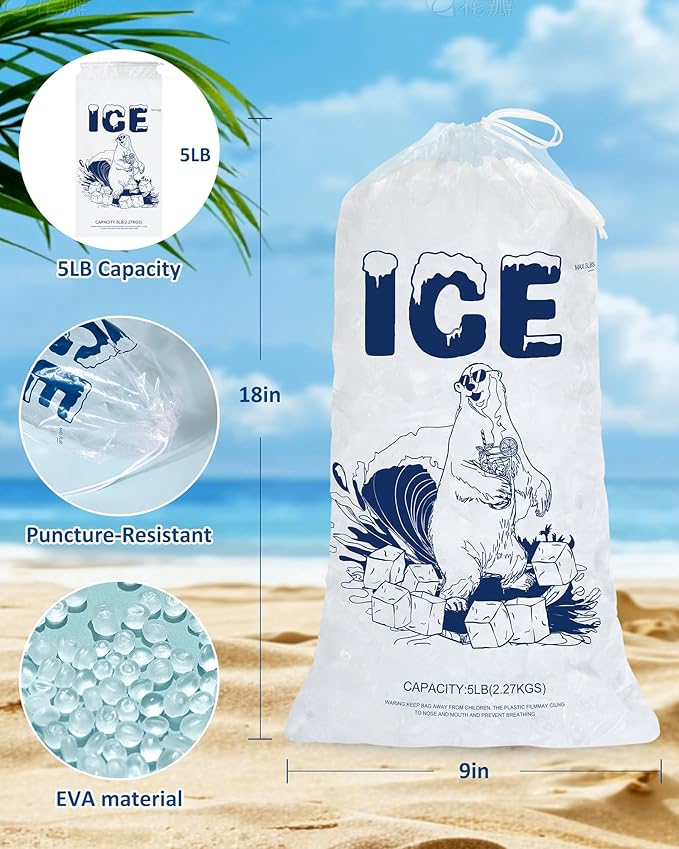 Ice Bags 5lb with Drawstring – 100 Count Durable Reusable Plastic Ice Storage Bags for Freezer, Parties, Ice Makers, Camping