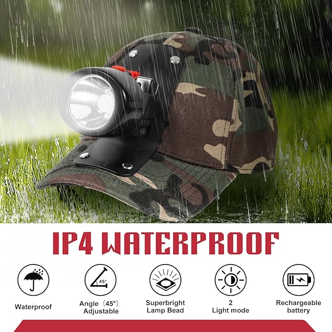 High Lumens LED Mining Headlamp with Hat - Waterproof, Durable, Long-Lasting Rechargeable Headlight, Adjustable Strap, Perfect for Miners Camping Hiking (KL2.8 Black-Red Button with Hat)