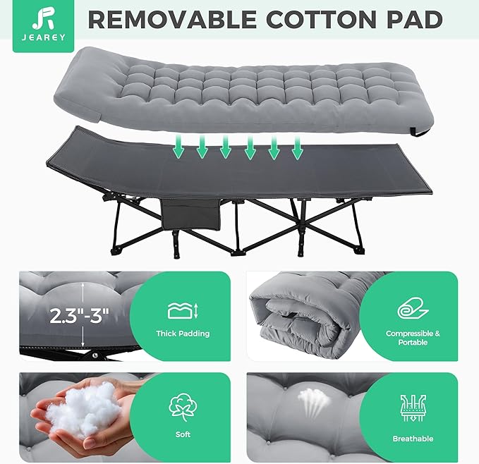 JEAREY 2-Piece Camping Cot for Sleeping 28" Extra Wide, Heavy-Duty 1200D Oxford Foliding Cots for Adults Portable with Mattress, Carry Bag for Guest, Travel, Hiking, Light Gray