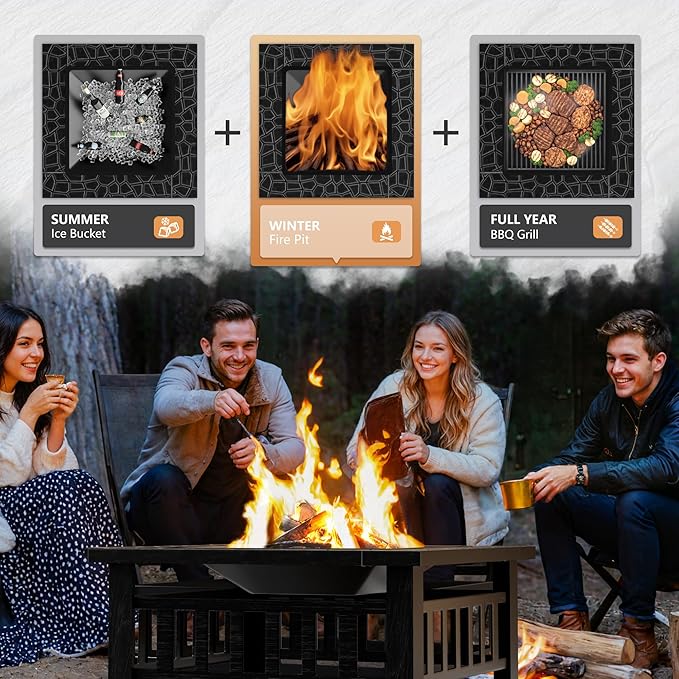 Greesum Multifunctional Patio Fire Pit Table, 32in Square Metal BBQ Firepit Stove Backyard Garden Fireplace with Spark Screen Lid and Rain Cover for Camping, Bonfire and Picnic, Silver