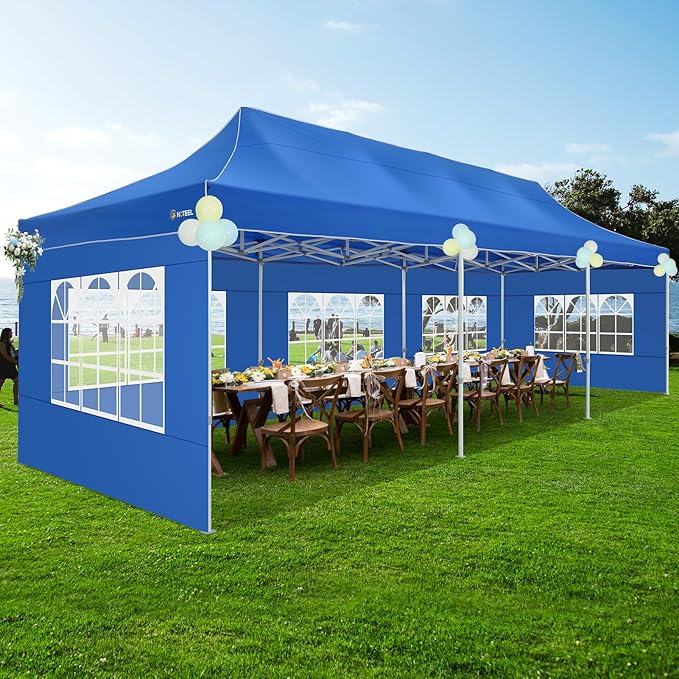 COBIZI 10x30 Heavy Duty Pop up Canopy Tent for Parties with 8 Sidewalls, Easy Setup Outdoor Commercial Gazebo for Wedding Event, Party Tent with Portable Bag & Sand Bags, Blue