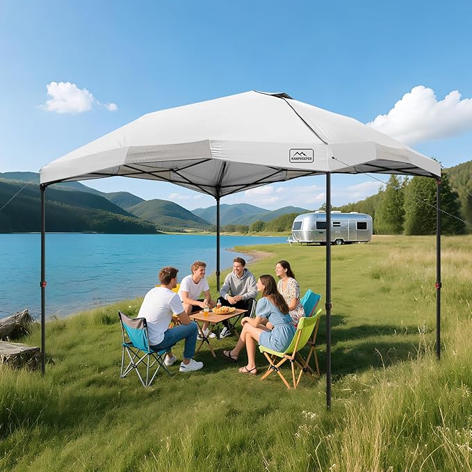 KAMPKEEPER 12x12 Pop Up Canopy Tent,Heavy Duty Outdoor Sun Shade for Events,Camping,Parties - Polygonal Patio Gazebo with Wheeled Bag,4 sandbags(White)