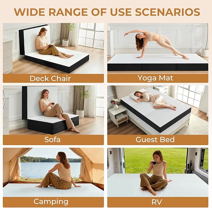 6 Inch Trifold Mattress, Twin Size Foldable Memory Foam Mattress with Viscose Derived from Bamboo Washable Cover, Portable Folding Mattress Topper for Camping, Guest, RV, Ventilated