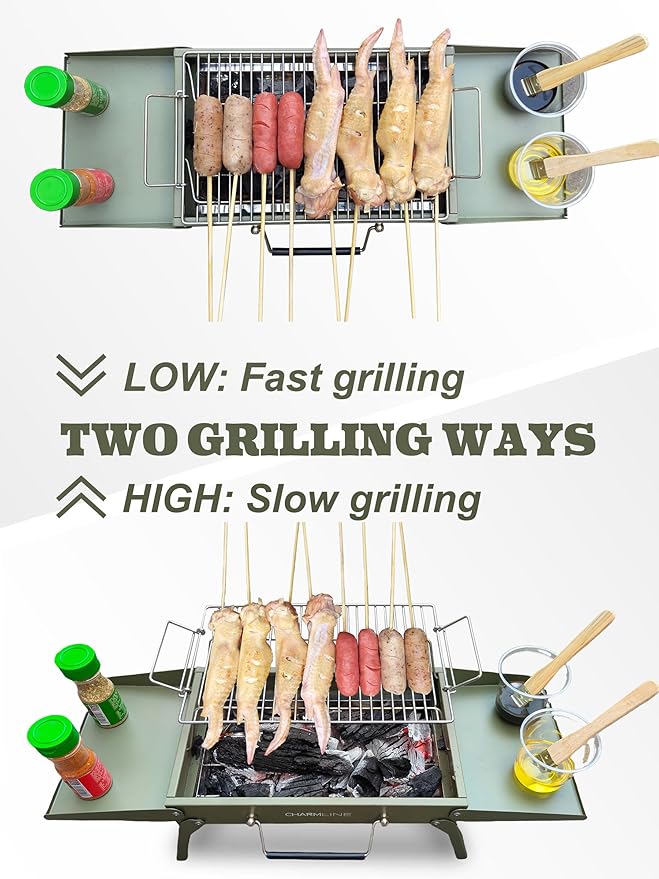 Charmline 14x9 inches Small Portable Charcoal Grill, Camping Gift for Outdoor Enthusias, Tabletop Charcoal Grills for Camping, Picnics, Gardens and Beach Parties, Green