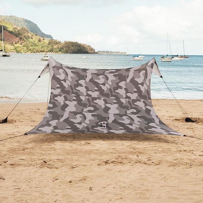 Neso Gigante Portable Beach Tent Sun Shelter - Lightweight Beach Shade Canopy - Easy Setup for Family Outings - Patented Reinforced Corners - UPF 50+ Sun Protection - 8ft Tall, 11 x 11ft - Grey Camo