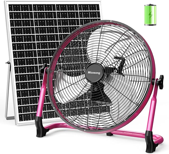 18” Solar Powered Floor Fan, 40W Cordless Fan Outdoor, Long Lasting Battery Operated and Strong Airflow, USB Output, 360° Tilt, Quiet, Wireless, For Camping Travel Home Garage RV Patio