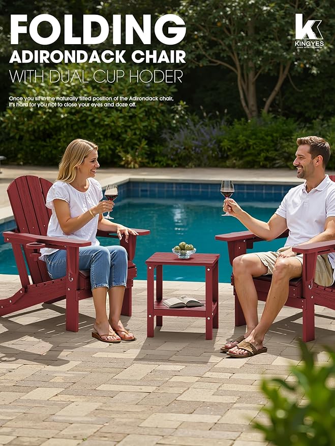 KINGYES Folding Adirondack Chair with Dual Cup Holders - HDPE All-Weather Outdoor Chairs, Wood-Like Patio Chair for Backyard, Camping, Pool & Fire Pit, Dark Red