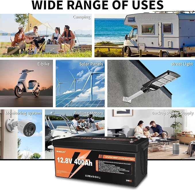 12V 400Ah LiFePO4 Lithium Battery with 200A BMS 5120Wh, Up to 15000 Deep Cycle LiFePO4 Battery Perfect for RV, Solar, Marine, Camping, Off-Grid, Home Energy Storage