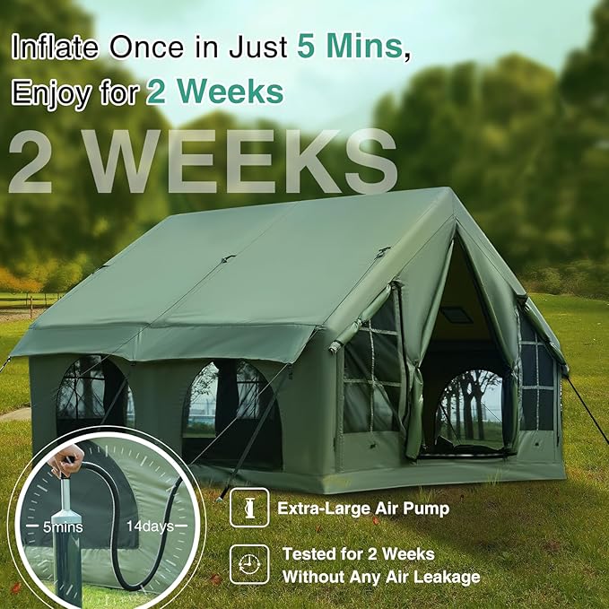 2025 Upgraded Waterproof Inflatable Camping Tent, Large Blow-Up Air Tent, No Assembly Needed Luxury Glamping House, Oxford Fabric