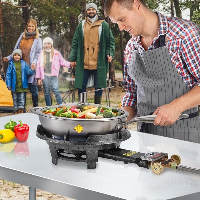 ARC Outdoor Propane Burner Stove, 13" Single Propane Burner, Cast Iron Portable Wok Burner With Bilateral Control Rings and 0-20 PSI Adjustable regulator, Stainless Steel Hose