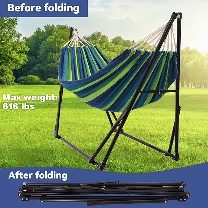Hammock with Foldable Steel Stand,Frabic Tension Adjustable Indoor,Carrying Bag Included, 616 lbs Weight Capacity, Portable Suitable for Outside Garden Yard Outdoor Inhouse Multicolour