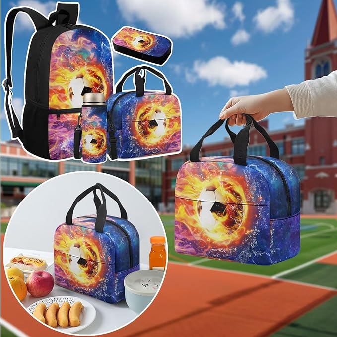 Football School Backpack 17 Inch with Lunch Box and Water Bottle Bag Large Capacity Pencil Case Lightweight Teen Bookbag for Boys Ages 8-16 Kindergarten Elementary Middle Camping Travel